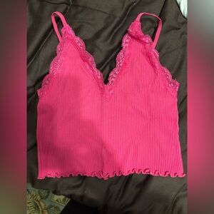 Pink Lace Trim Ribbed Cami Top